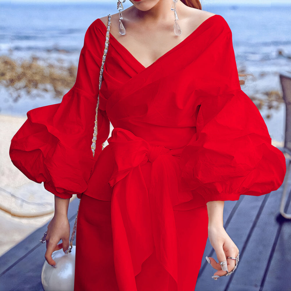C8620  foreign trade women's fashion solid color sexy criss-cross tie-up puff sleeve v-neck blouse african top