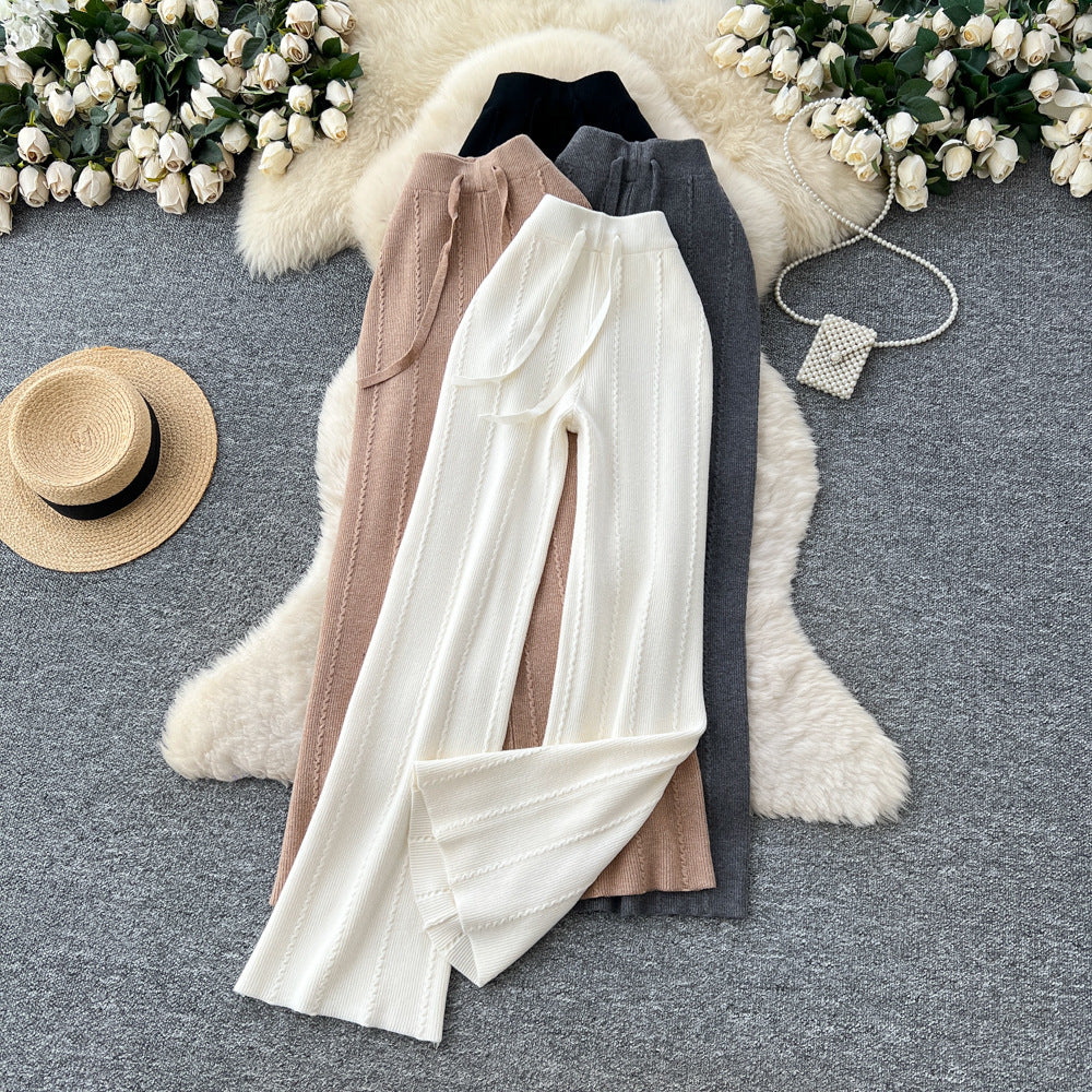 Soft and waxy knitting pants 2025fall and winter lazy style casual elastic waist elastic high waistslimming lookmopstraight-legpants