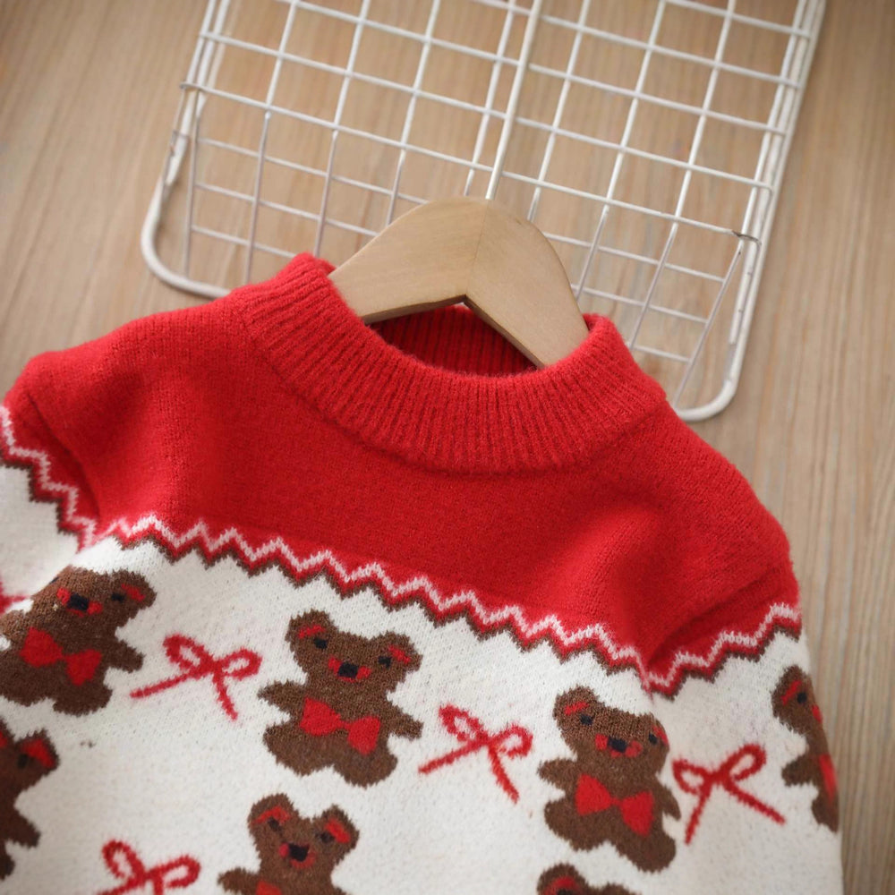 Girls' fall/winter sweater: thickened red base layer with bow and bear design - winter knitted wool sweater for big kids