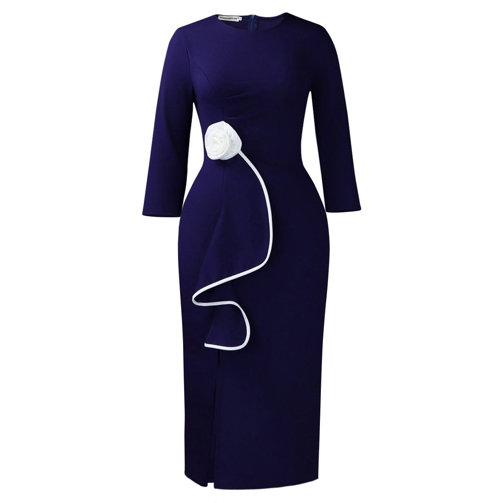D612 european and american plus size elegant round neck 3d floral fashion ruffle hem bodycon dress - export quality