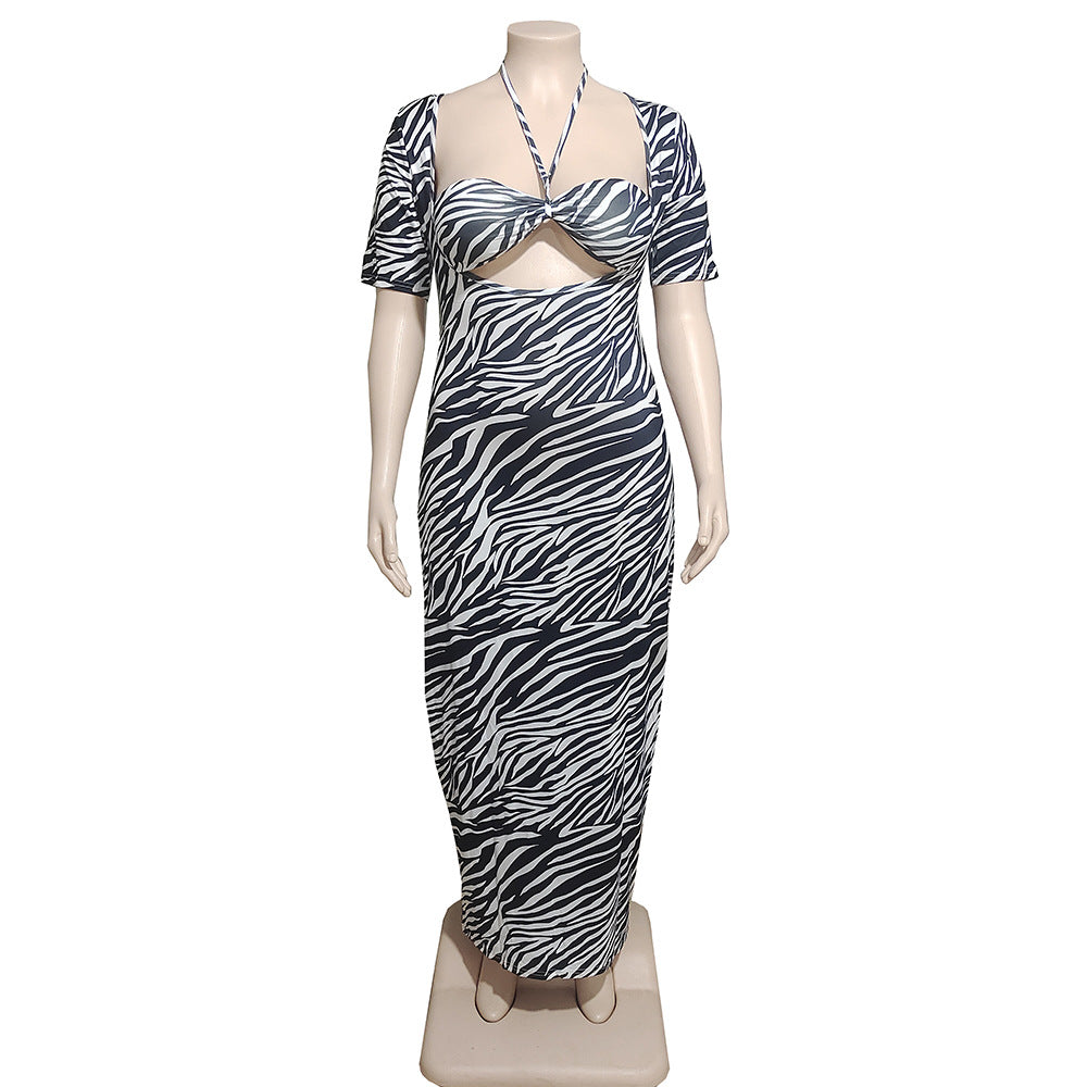 european and american dresses:  sexy women's clothing - black and white print tie-waist short sleeve butt-lifting zipper maxi dress