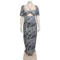 european and american dresses:  sexy women's clothing - black and white print tie-waist short sleeve butt-lifting zipper maxi dress