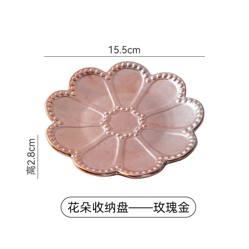 Ins electroplating creative ceramic flower pattern stylish ceramic jewelry storage tray high-looking photo prop display tray