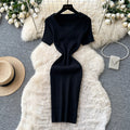 K-stylev neck short-sleeved knittingelegantdress women's summer silmslimming look waist a-line skirt light and elegant style