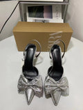 2024za new spanish trendy brand silver pointed-toe bow heels with metallic crackle detail and slingback stiletto heels for women