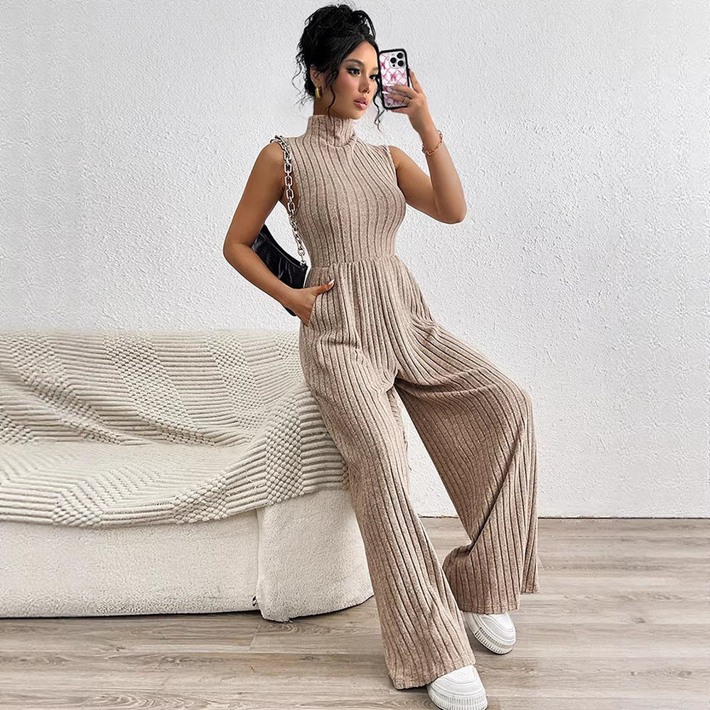 Amazon cross-border european and american women's wide-leg jumpsuit - stand collar, sleeveless, knitted, casual, stretch romper