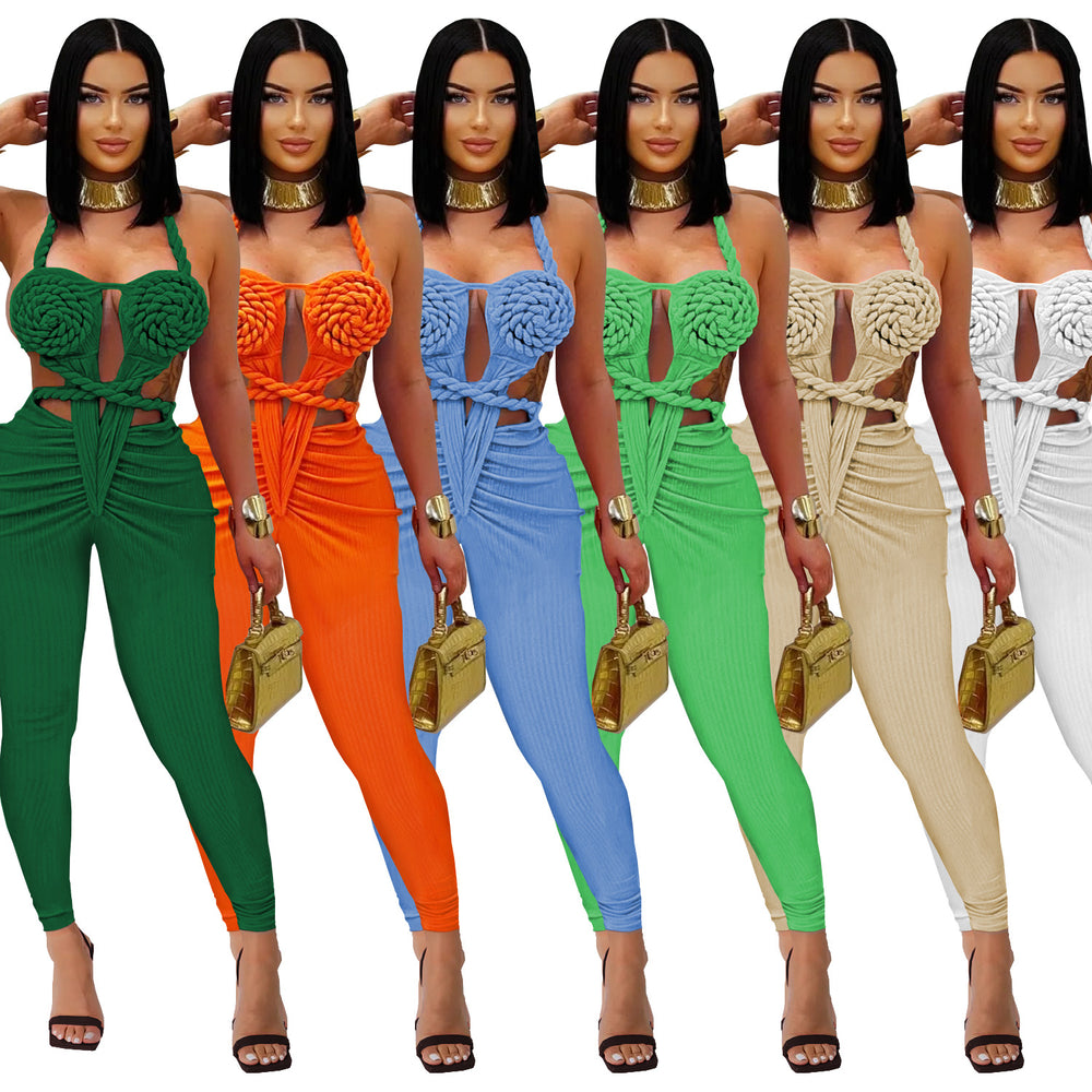 C7489 cross-border   fashion women's casual sexy halter backless solid color jumpsuit