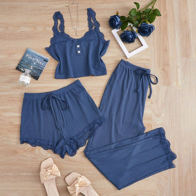 cross-border hot seller: new summer lace trim cami top, shorts, and long-sleeve women's pajama three-piece set - perfect for loungewear or light outings
