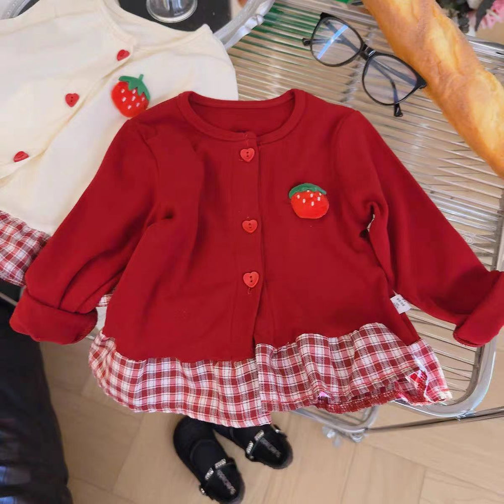 Girls' cute strawberry plaid lace-trimmed knit cardigan with skirt detail - new autumn sweet & chic long-sleeve top