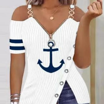 summer   cross-border casual comfort anchor print tank top zipper v-neck short sleeve