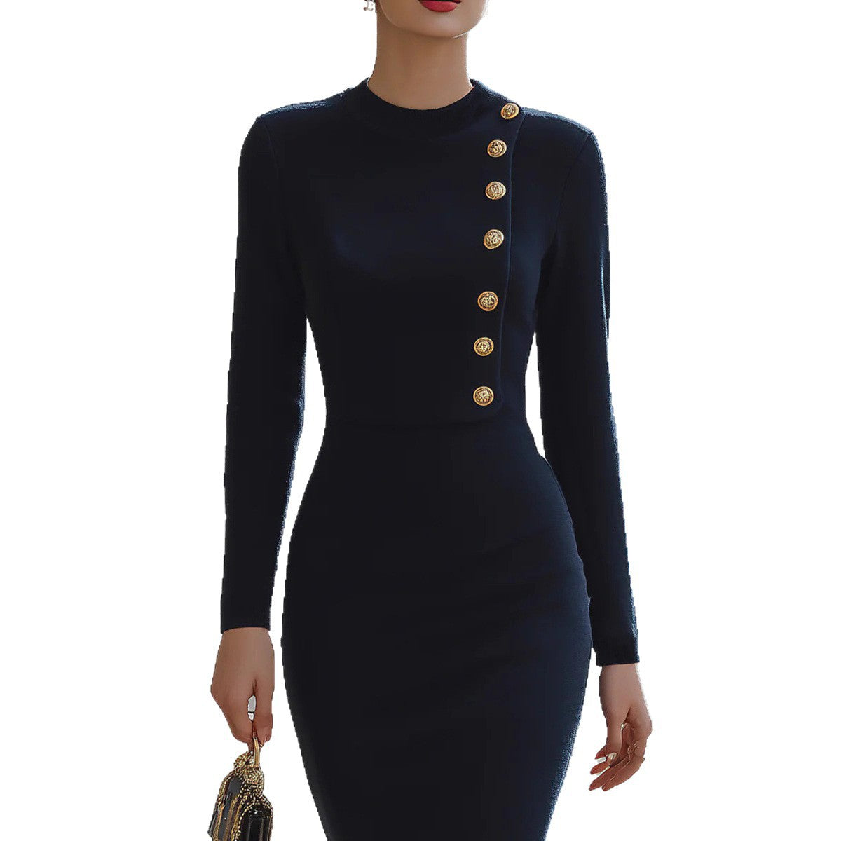 European and American  independent station   women's elegant decorative buckle simple solid color turtleneck dress