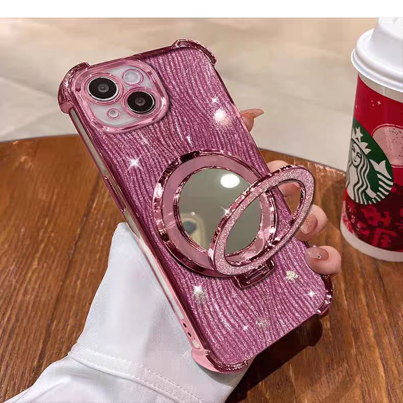 Suitable for apple 17pro mobile phone case, four-corner water ripple glitter mirror magnetic holder iphone16 protective cover