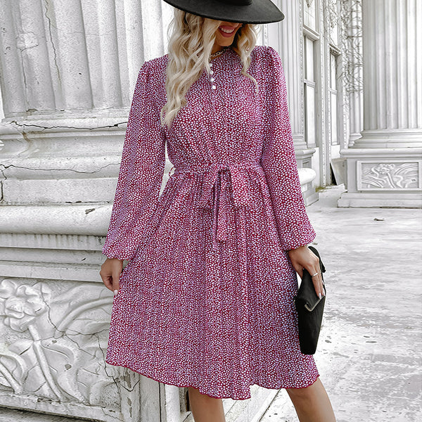Independent Station European Cross-border Versatile Casual Sweet Elegant Wind Lace-up Crew Neck Long Sleeve Small Floral Dress Spring
