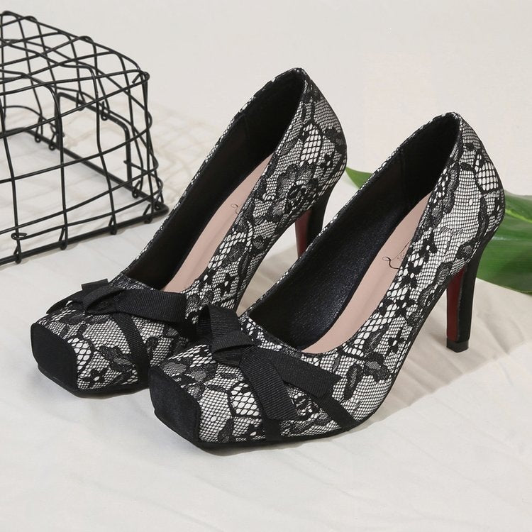 plus size back hollow flatsbows red bottom flatsnew arrivallace mesh square toe thin heel high heels