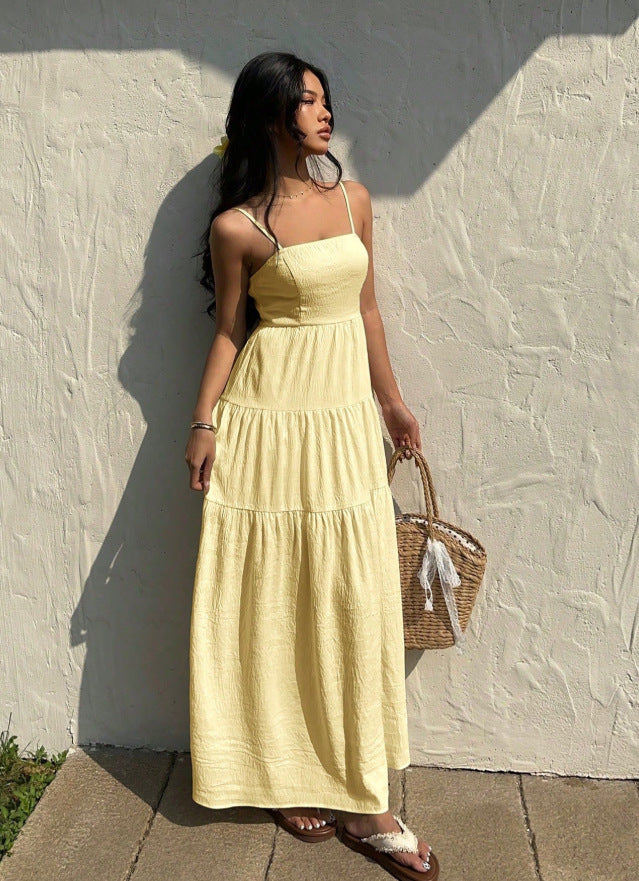 european and american cross-border yellow french style sleeveless slip dress