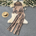 European and american style women's fashion set: chic and versatile round neck long sleeve jacquard knit sweater top with high-waisted casual wide-leg pants