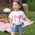 New arrival cross-border girl round neck printingknittingtops denim beads bowsjeanssuittwo-piece set