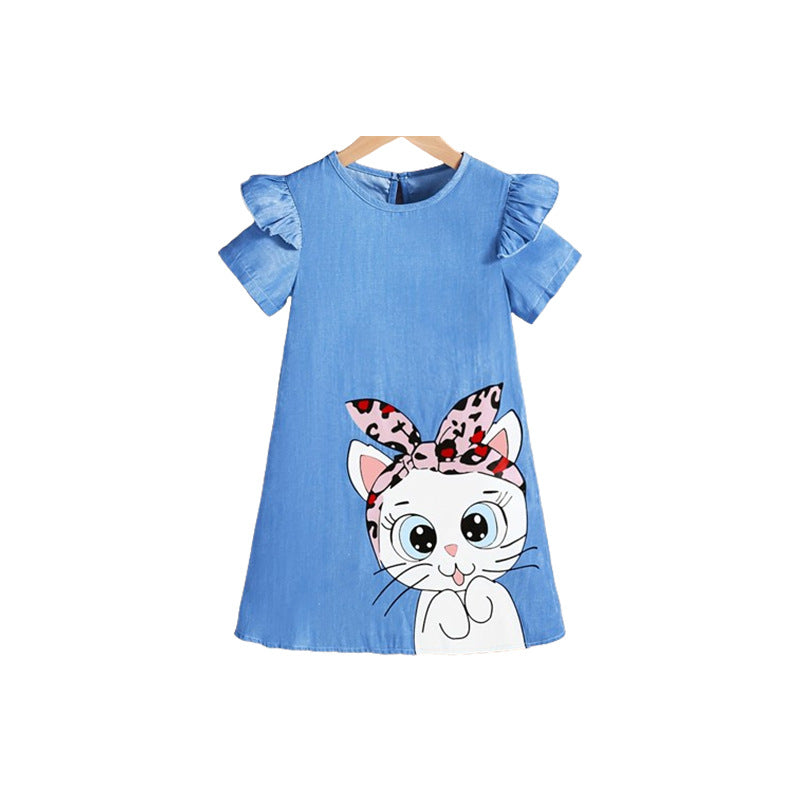 summer cute girls' dress -  wholesale - blue cartoon cat pattern flutter sleeve girl's dress