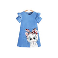 summer cute girls' dress -  wholesale - blue cartoon cat pattern flutter sleeve girl's dress