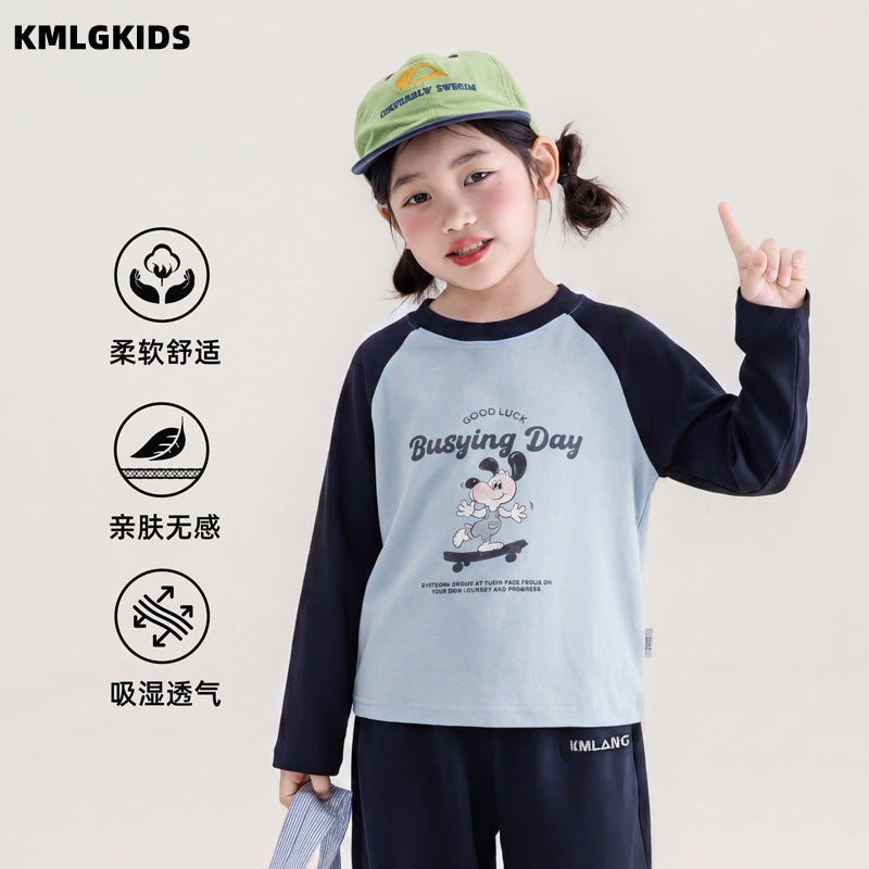 Girls' autumn clothing  new loose color block little girl's clothes long sleeve t-shirt kids cartoon print top
