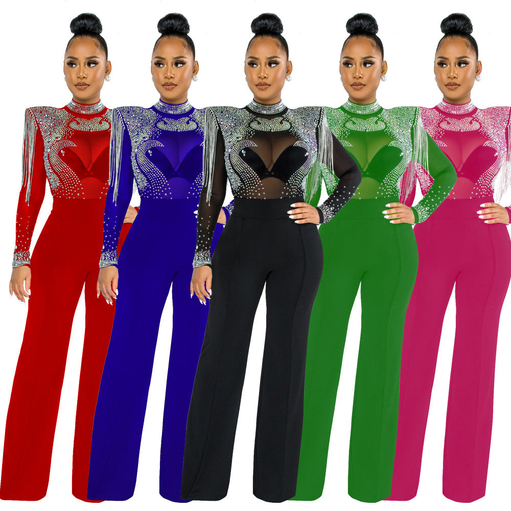 CY9232B Europe, America, , fashionable and sexy casual slim-fitting turtleneck perspective hot diamond fringed jumpsuit women