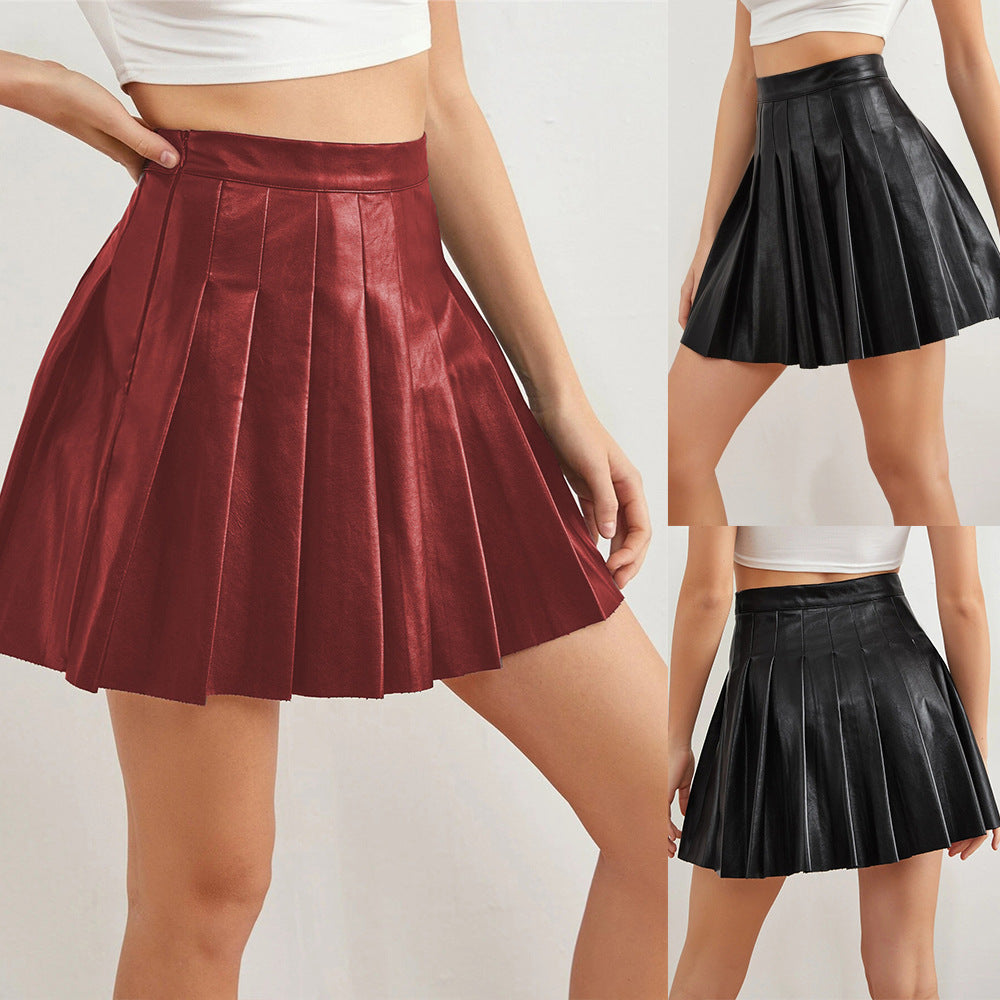 Ebay  best selling pu pleated skirt summer sexy skirt elegancehigh waist leather skirt fashion style cross-border