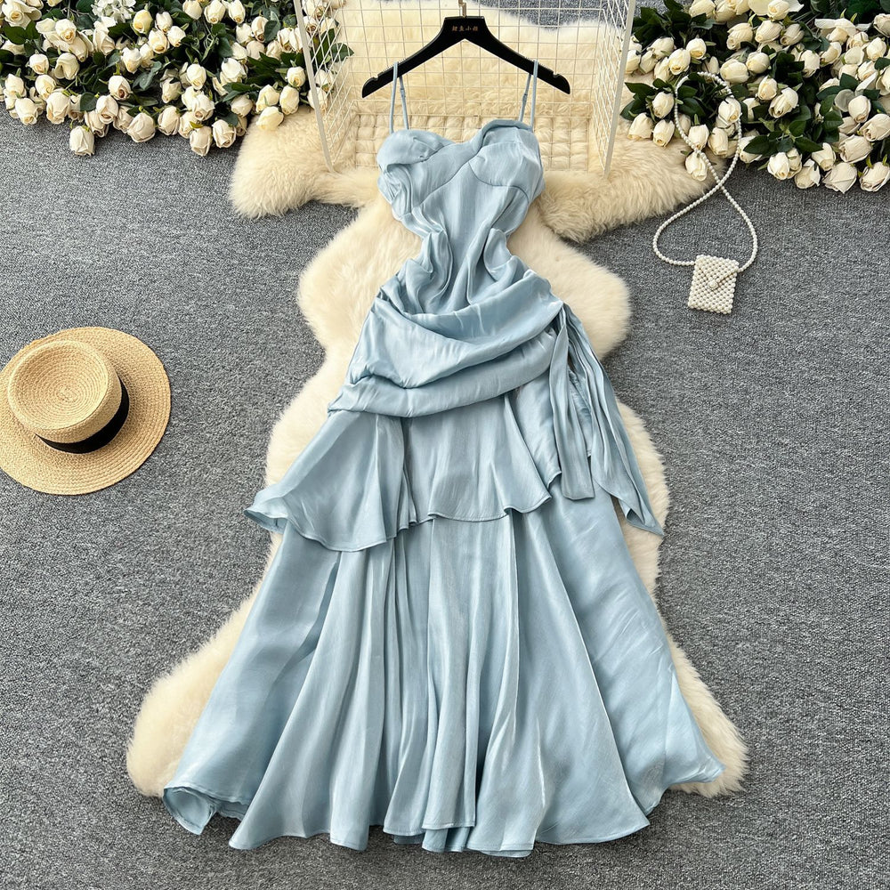 French goddess style design square neck bandeau strap ruched waist ruffle hem mini dress long gown