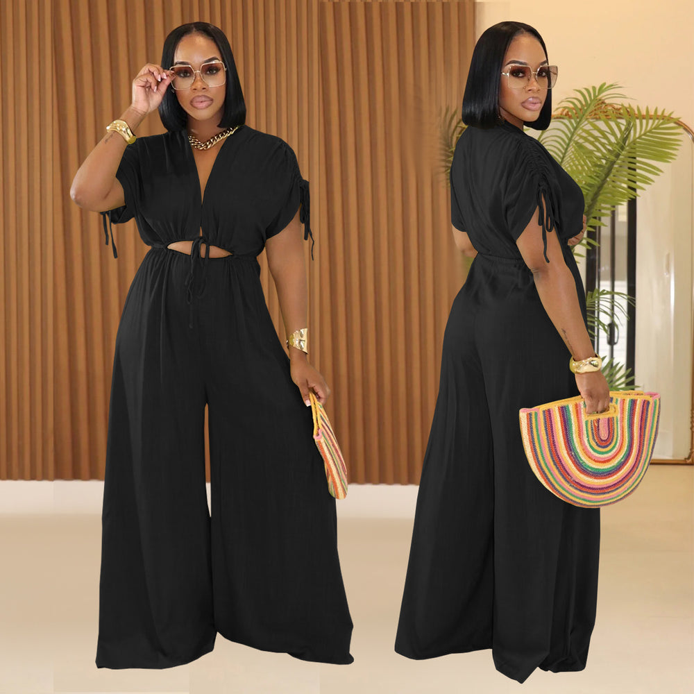 C7388 cross-border   fashion women's casual solid color v-neck tie-waist wide-leg jumpsuit new
