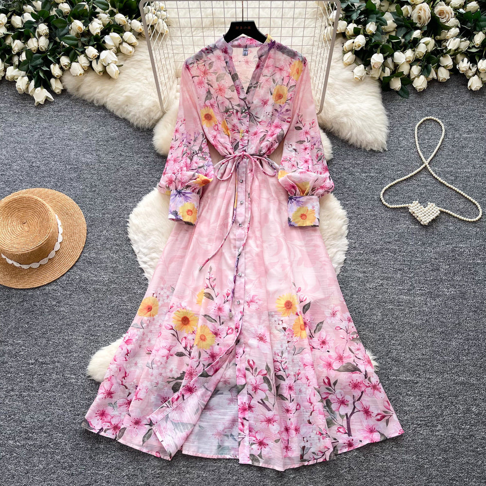 French romantic style printed slim-fit dress - women's long sleeve v-neck tie-waist maxi dress - vacation ready