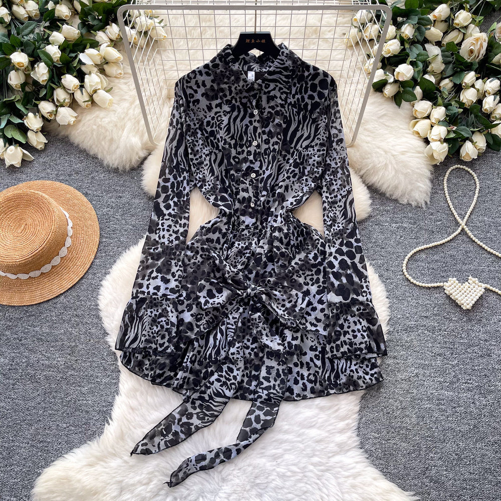 Korean style purple leopard print slim-fit dress - women's summer long sleeve tie-waist a-line dress - commuter chic