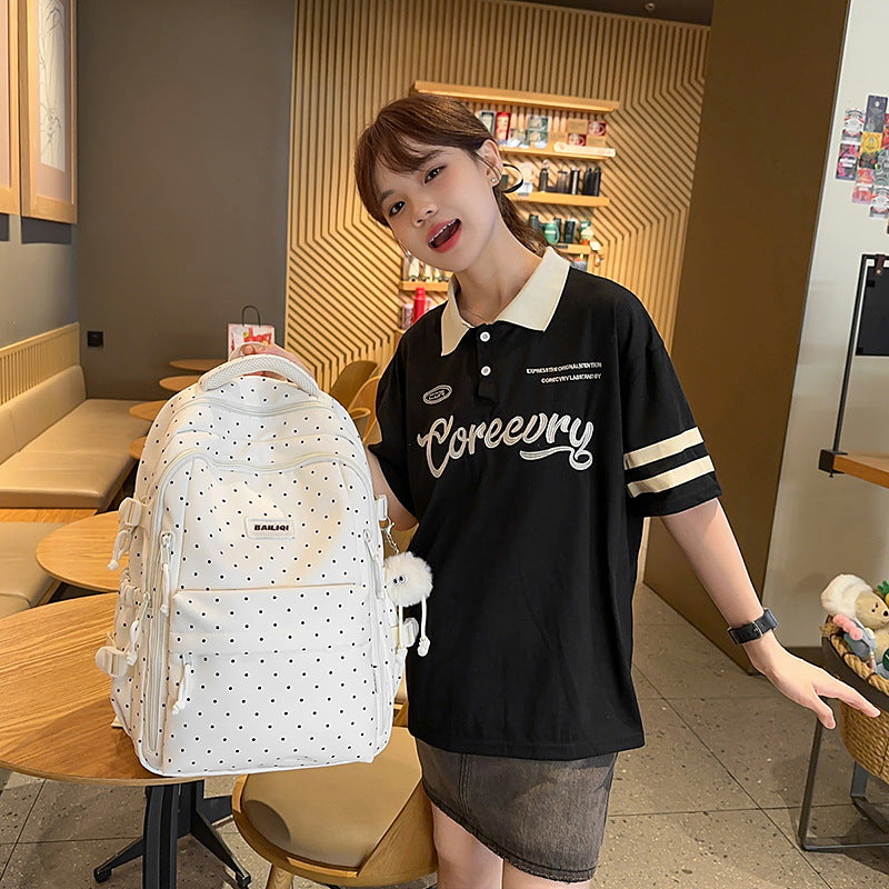 Rustic style backpack for female college students - minimalist polka dot floral cute girl's backpack - large capacity women's school bag