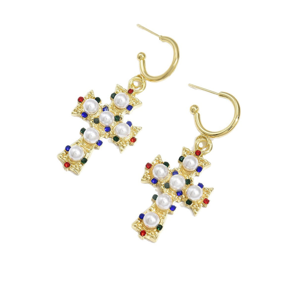European and american cross-border new alloy cross pattern pearl stud earrings - light luxury, high-end design women's earrings jewelry