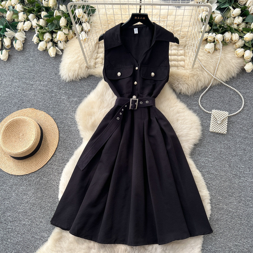 K-stylework clothingv neck sleeveless lapel dress women's summer waist slimming look a-line skirt eleganceelegantsilmp skirt