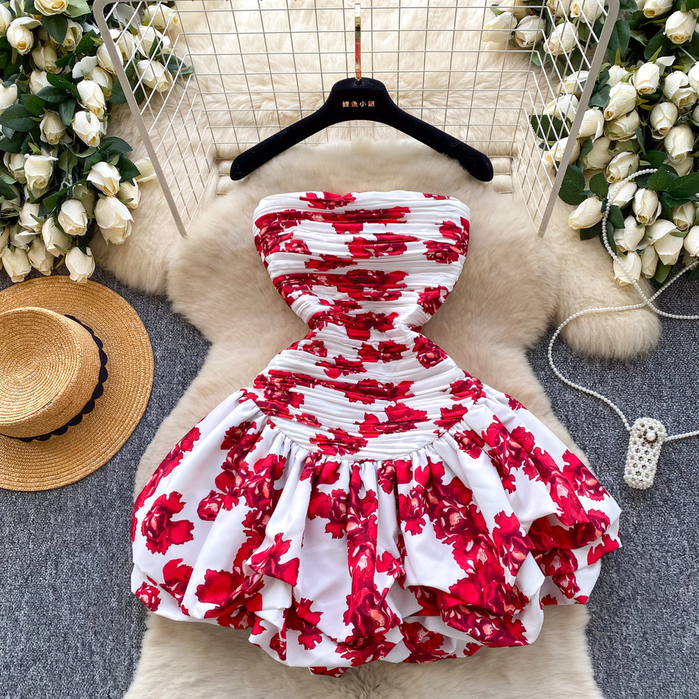 French holiday style one shoulder tube top puffy skirt women's clothing niche style pleated elastic off-shoulder hem ruffles skirt