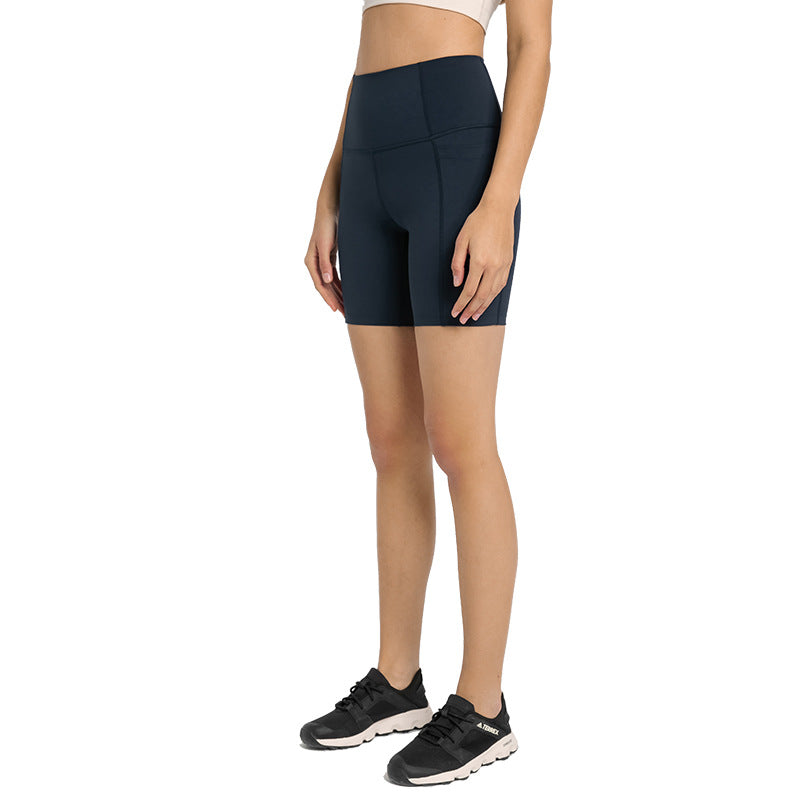 New women's high-waisted workout shorts with side pockets - four-way stretch, tummy control, and butt-lifting design - perfect for fitness and yoga (model dk178)