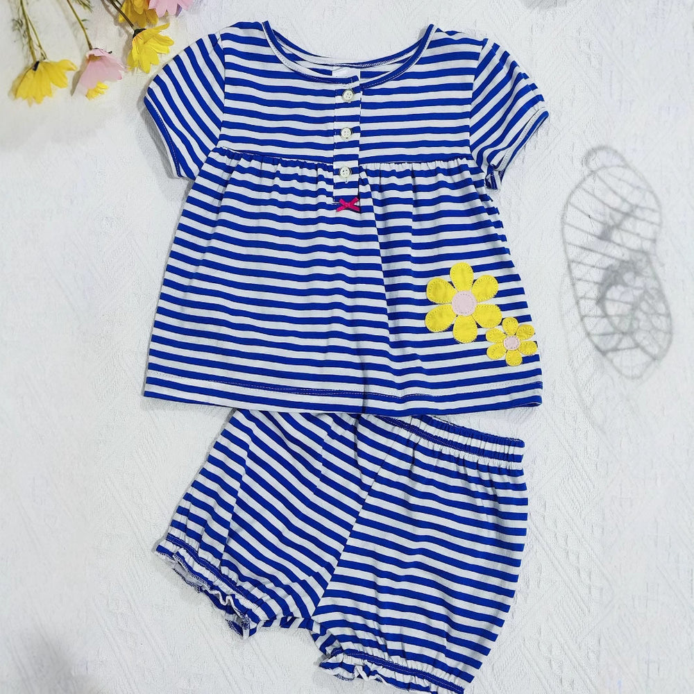 Export original order new arrival baby girl spring summer short-sleeved shorts rust small flower casualseparatessuit