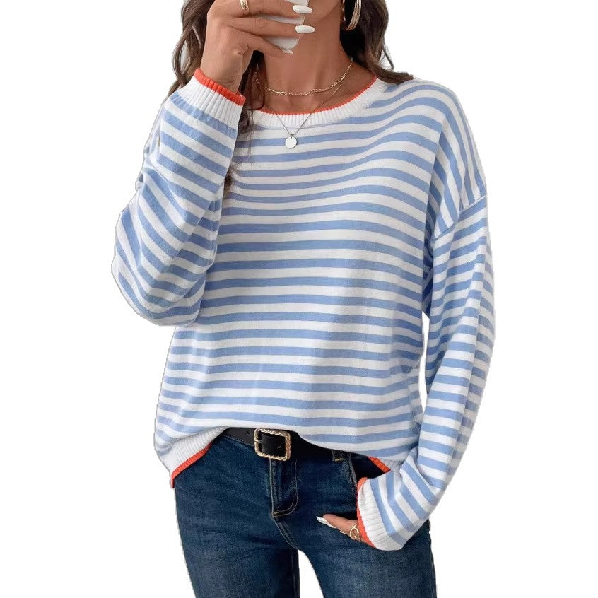 new blue striped crew neck long sleeve t-shirt - relaxed fit, slimming women's top