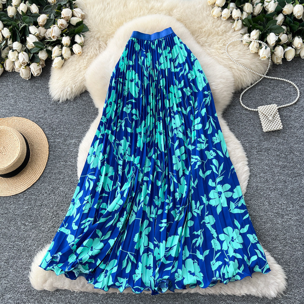French chic printed high-waisted slimming a-line pleated midi skirt - perfect for vacation or work