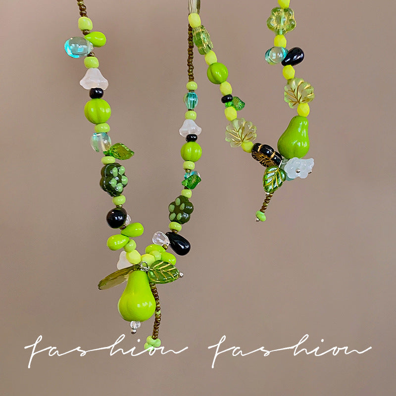 Green crystal beaded plant green pear necklace niche forest styleretro beaded clavicle chain sense of design necklace accessories