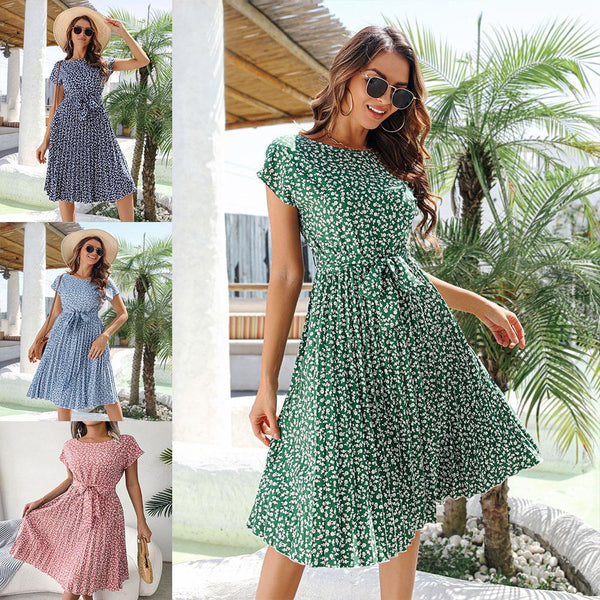 Independent station  women's clothing 2024 spring and summer new  casual short-sleeved floral lace-up dress pleated skirt