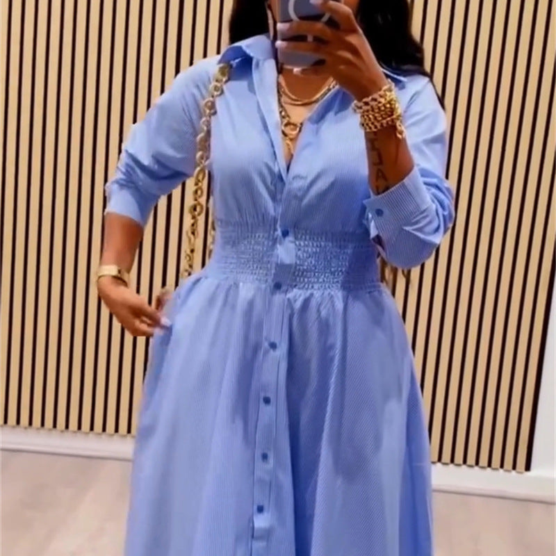 European and american cross-border women's fashion:  autumn new arrival - elegant lapel blue striped long-sleeve midi shirt dress