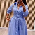 European and american cross-border women's fashion:  autumn new arrival - elegant lapel blue striped long-sleeve midi shirt dress