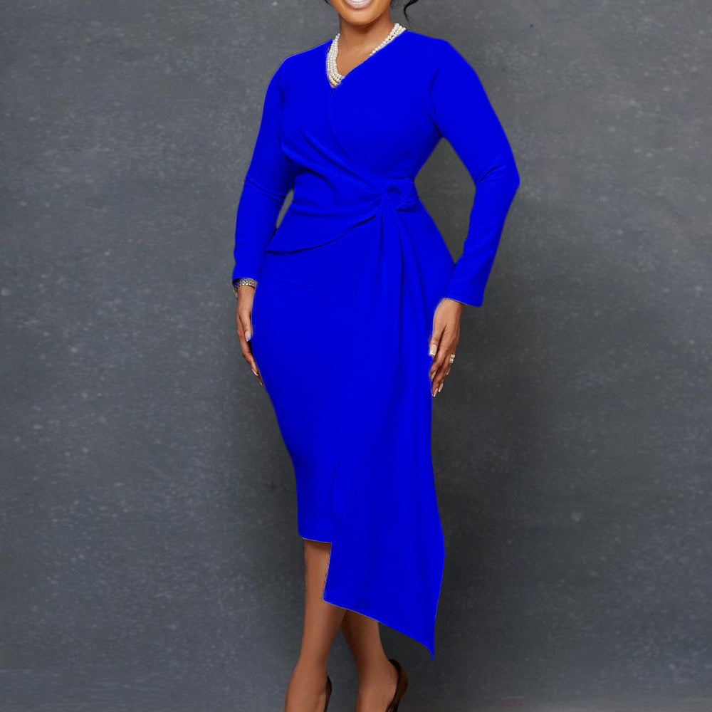 D302 european and american style women's  autumn foreign trade fashion plus size v-neck long sleeve elegant pencil skirt cross-border dress