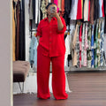 European and american cross-border women's clothing  spring/summer new collection: african-style plus size loose solid color long sleeve shirt and wide leg pants set