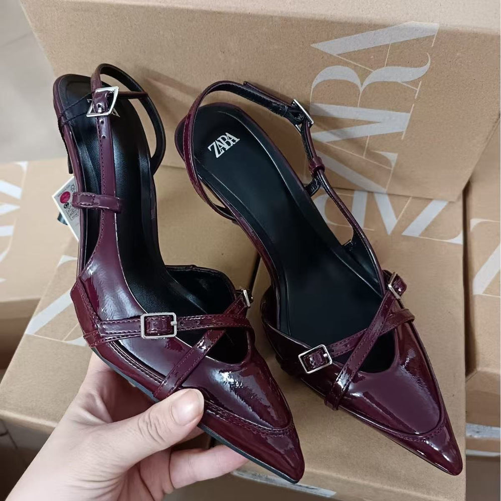 Za2024autum new women's shoes crimson cross buckle strap pointed toe high heel sandals british style mules shoes
