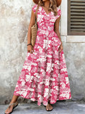 cross-border e-commerce hot-selling new print v-neck fitted waist maxi dress - european and american style for