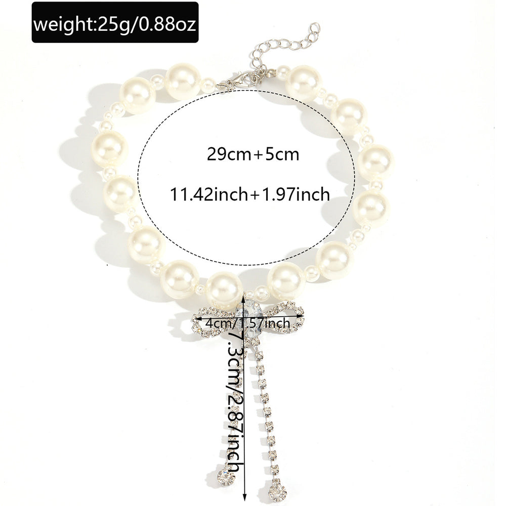 European and american cross-border imitation pearl necklace for women, personalized sweet and cool diamond-encrusted tassel bow choker, high-end collarbone chain