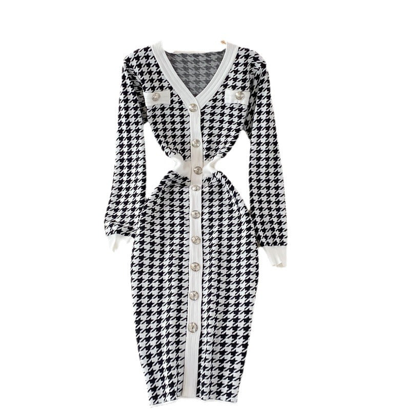 Fall and winternew arrivalelegantv neckcontrast color tweed styleilmfashion chidori grids pattern long sleevesknitting hip-hugging dress