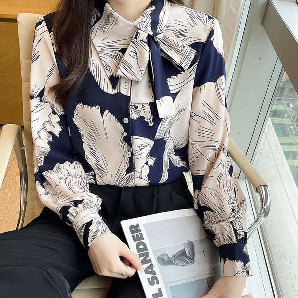 2024 autumn new design sense contrasting color large flower streamer asymmetrical lapel long-sleeved shirt versatile high sense