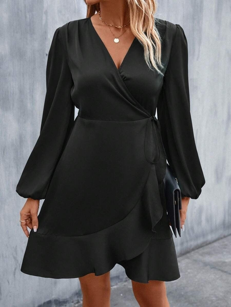 Summer v-neck satin dress - satin waist, low-cut, midi length - export  cross-border fashion women's clothing (european & american style)